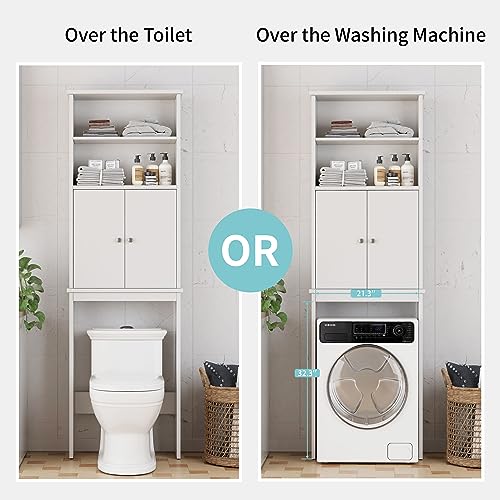 Over the Toilet Storage Cabinet with 2 Open Shelves and Door - White, 2-Tier Bathroom Organizer