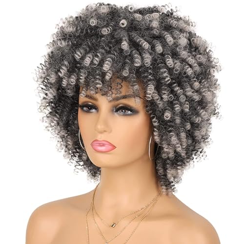 Looxey 12 Inch Grey & White Afro Kinky Curly Wig with Bangs - Glueless Synthetic Short Curly Hair for Daily & Party Use