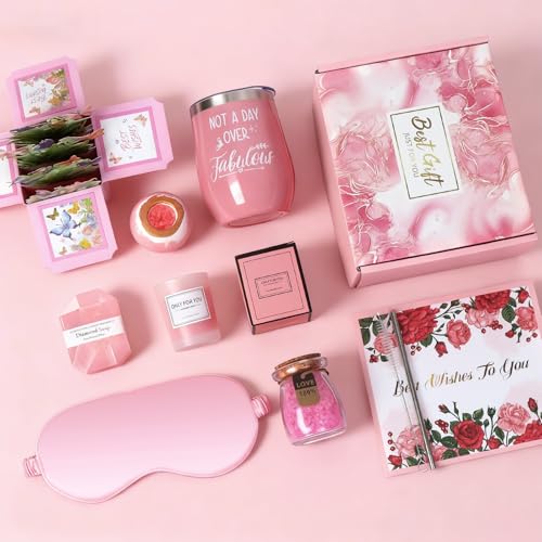 Spa Gift Basket with Bath Essentials- Pink Rose Relaxation Kit Set, Birthday Spa Items Box for Women, Wife, Mom, Sister, Mom, Her, Friends