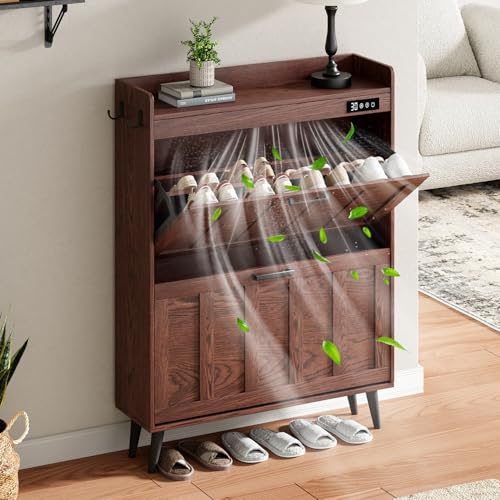 Walnut Shoe Storage Cabinet with 2 Flip Drawers and Deodorizer - Narrow Rustic Entryway Organizer