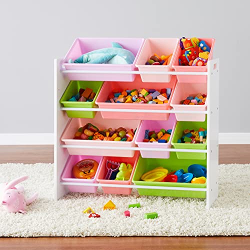 Kids Toy Storage Organizer with 12 Plastic Bins - White Wood with Pink Bins, 33.85 x 12.79 x 35.42 Inches - Variation: White Wood with Pink Bins