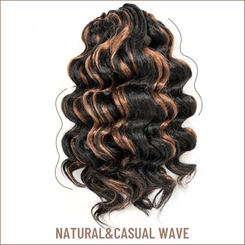 ToyoTress Ocean Wave Crochet Hair - 9 Inch 8 Packs Black Mix Brown Highlight Short Curly Hair Ocean Wave Braiding Hair, Synthetic Hair Extensions (9 Inch, P1B/30-8P)