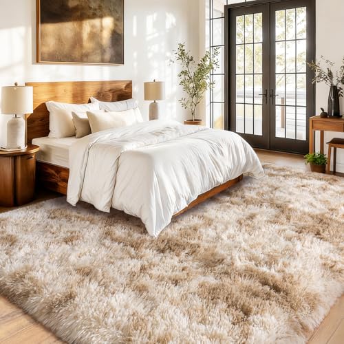 9x12Ft Shaggy Area Rug - Fuzzy Tie Dye Camel Living Room Carpet