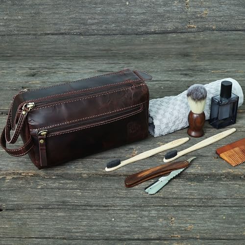 Toiletry Bag | Leather Dopp Kit for Men & Women ? Water-Resistant, Durable & Stylish ? Travel Organizer with Multiple Compartments | Grooming Essentials, Shaving & Makeup Pouch (Brown)
