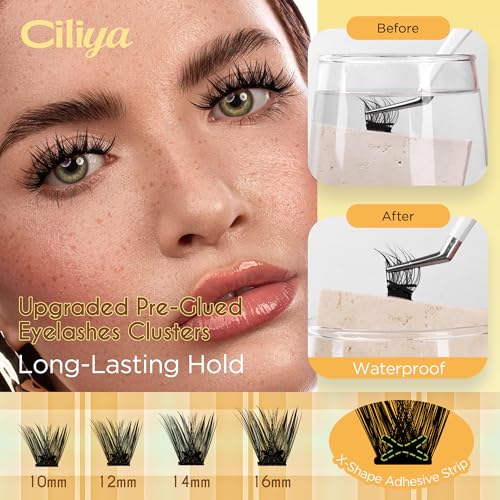 Self Adhesive Eyelashes Cluster, 10-16mm Wispy Pre Glued Lash Clusters Multi-Day Wear No Glue Needed DIY Eyelash Extensions, Extended Hold Press on Lashes Waterproof & Reusable
