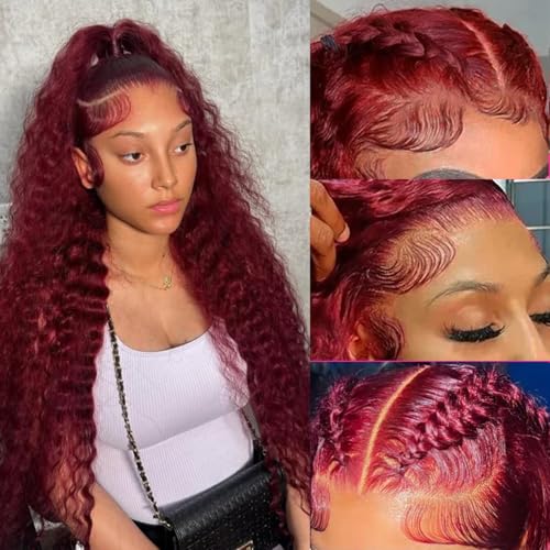 16 Inch Burgundy Human Hair Wigs Deep Wave Lace Front 13x6 Pre Plucked Natural Hairline