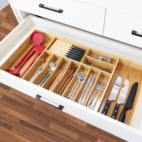 VaeFae Expandable Extra Large Bamboo Silverware Drawer Organizer with Knife Block, 20.6-35.04"