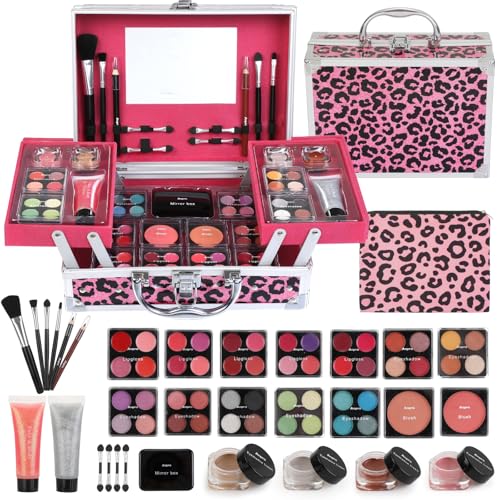 Pink All-In-One Teen Makeup Kit with Leopard Case - 28 Eyeshadow Colors & Accessories