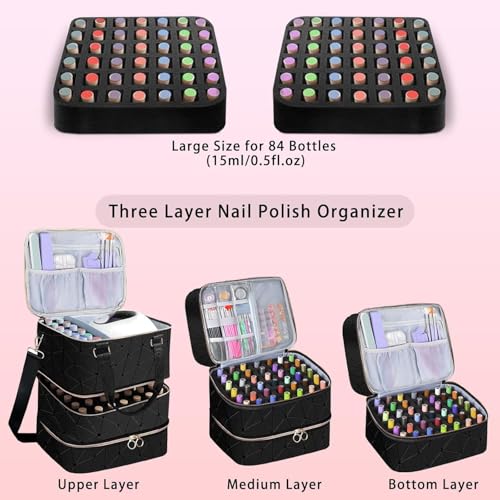 Yttriuny Black Nail Polish Organizer with UV Lamp & Manicure Tools, Holds 84 Bottles