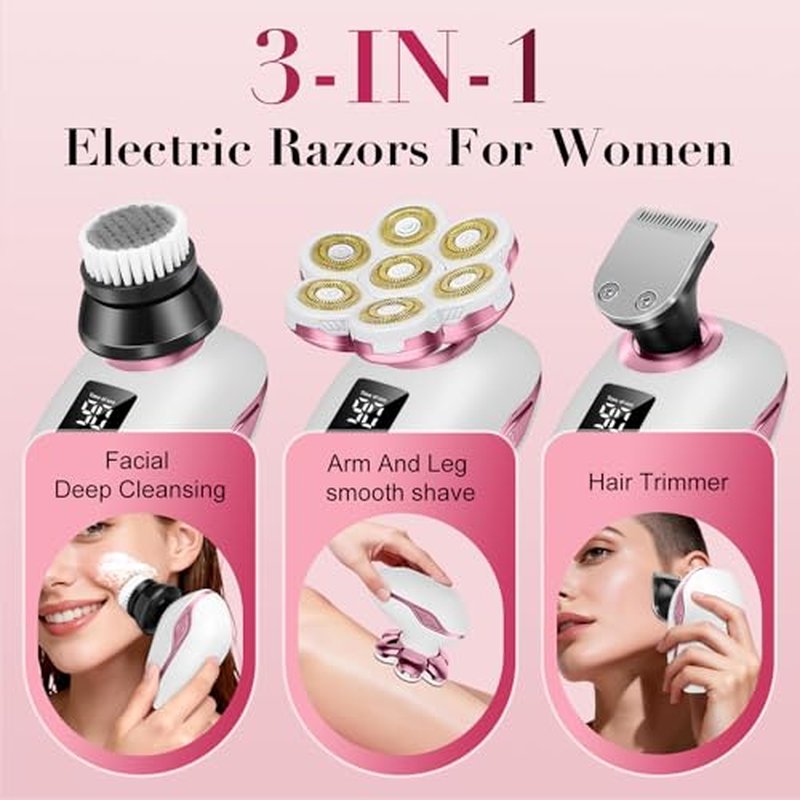 3-in-1 Electric Razors for Women,Bikini Trimmer for Women,7D Painless Electric Shaver with Facial Cleansing Brush,Gifts for Women,Replaceable Hair Remover for Legs Water Resistant Wet/Dry (Pink)