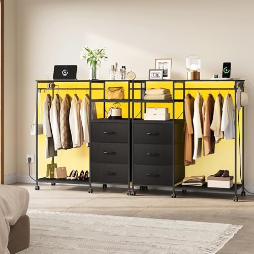 LED Dresser with 3 Drawers & Hanging Rack - Black - Multifunctional Bedroom Storage