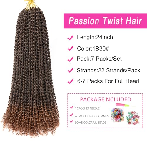 24 Inch Ombre Brown Water Wave Crochet Hair - Passion Twist Extension Pack of 7 with Accessories
