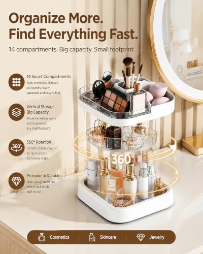 White Rotating Makeup Organizer with 5 Adjustable Tiers & Jewelry Hooks