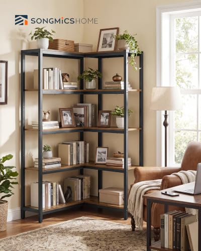 SONGMICS HOME 5-Tier Corner Shelf Rustic Brown - L-Shaped or Straight Bookshelf