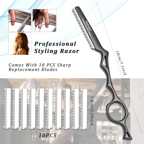 Black Hair Cutting Razor with 10 Replacement Blades – 7.1 Inch Styling Tool