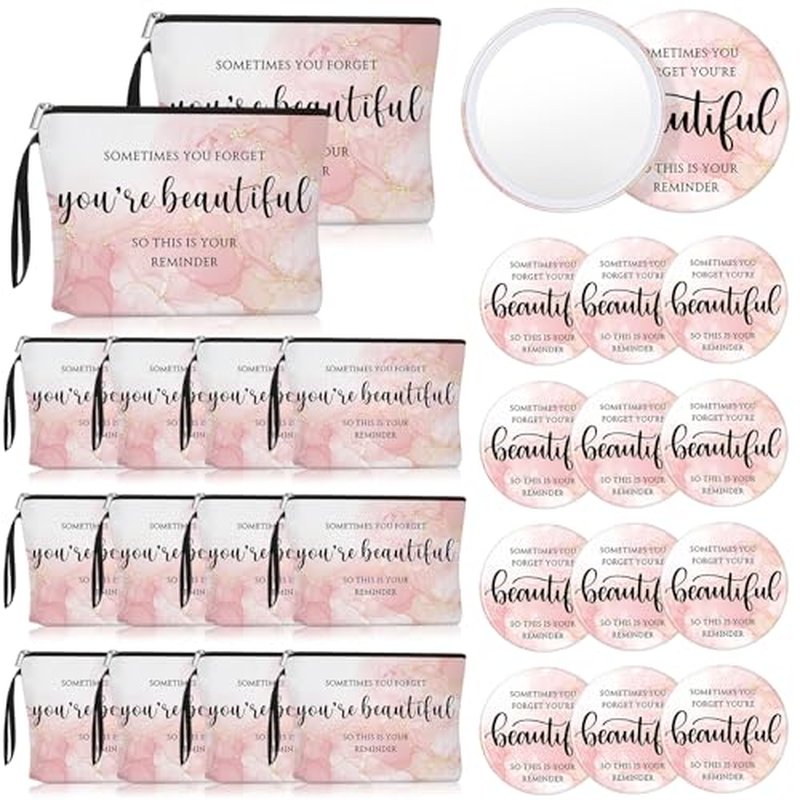 20 Sets Pink Thank You Gifts for Women, Inspirational Gifts Bulk for Female Client Teacher Employee Coworker, Sometimes You Forget You're Beautiful Makeup Bags and Compact Mirrors for Party