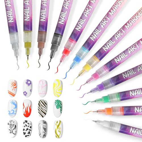 12 Color Nail Art Pen Set with Dotting & Fine Liner Brushes - Vibrant, Long-Lasting