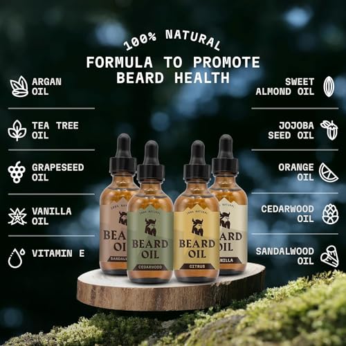 Beard Oil Set - Sandalwood, Vanilla, Cedarwood & Citrus Scents - 2 Fl Oz (Pack of 4)