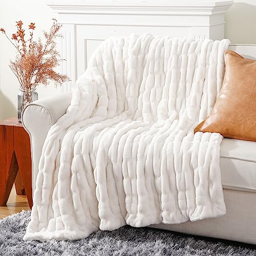 BATTILO Soft Ivory Faux Fur Throw Blanket 50x60 Inches Double-Sided Couch Decor