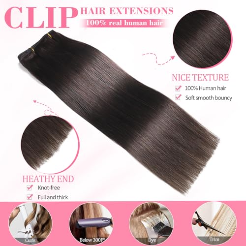 Dark Brown Clip-In Human Hair Extensions - 14 Inch, Salon Quality, Easy Style - Variation #2