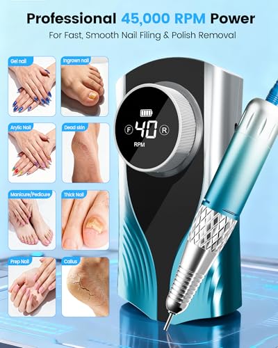 Professional Electric Nail Drill 45000RPM with 3600mAh Battery & Digital Display - Portable Manicure Kit Blue