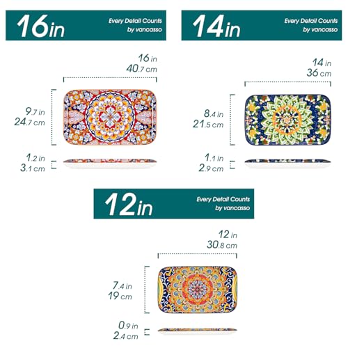 Colorful Serving Platters Set of 3 - Rectangular Ceramic Trays for Dining