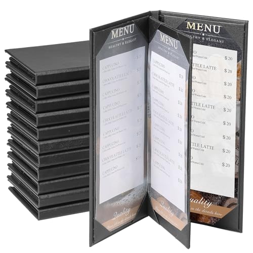 12 Pack 4 View Menu Holder Covers - Black Leather Restaurant Menu Sleeves