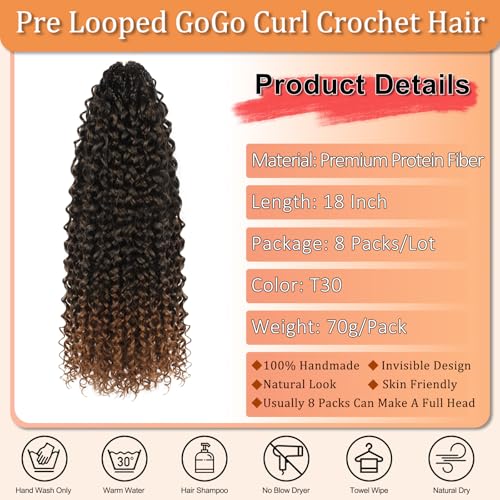 Crochet Hair 18 Inch T30 - Pre Looped Protein Fiber Curl Extensions, Pack of 8
