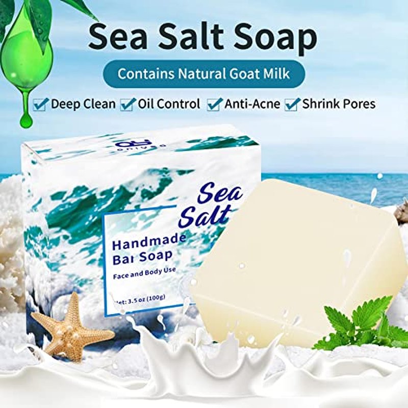 2 PK Sea Salt Soap 3.5 Oz Each, Exfoliating Acne Deeply Clean Problem Skin, Natural Goat's Milk, All Skin Types, Face Wash Body Wash Skincare, Women Men Gift