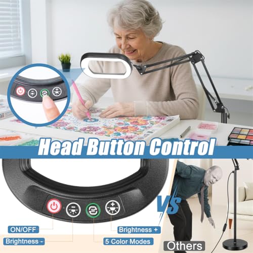 IVMAIE 12X Magnifying Glass with Light & Stand - Black, 5 Color Modes Dimmable LED, Hands-Free Floor & Clamp Lamp, Reading & Crafting