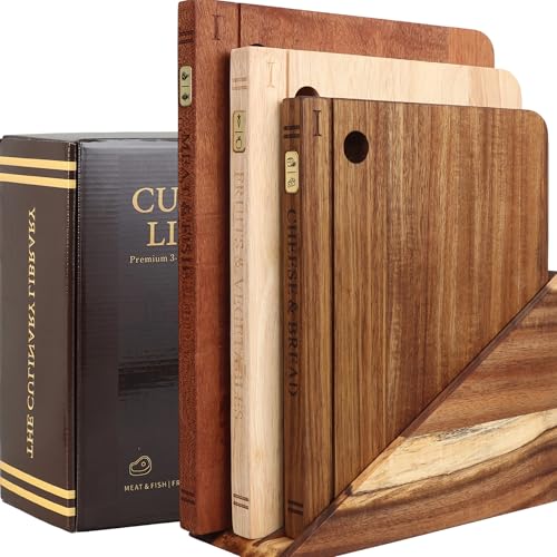 Wood Book Cutting Board Set with Stand - Acacia, Rubber, Ebony Large/Medium - Kitchen Decor & Food Prep