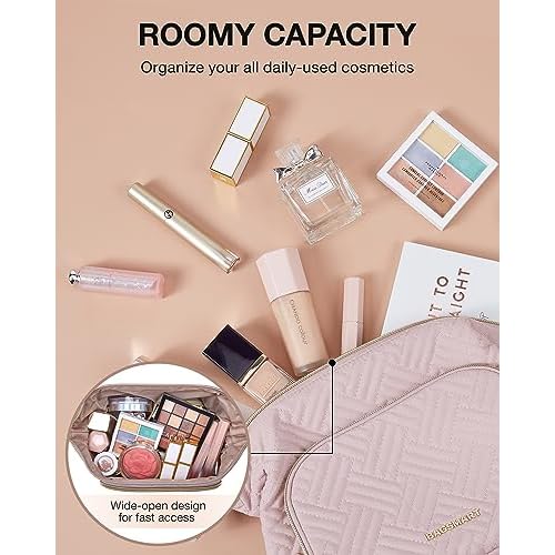 BAGSMART Travel Makeup Bag, Cosmetic Bag Small Make Up Organizer Case,Wide-open Pouch for Women Purse for Toiletries Accessories Brushes Pink