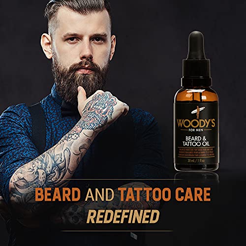 Woody's Tattoo & Beard Oil for Men - Hydrating & Conditioning Mens Beard Oi for Mustache Facial Hair & Tattoo Enhancement, 1 fl oz, 2 Pack
