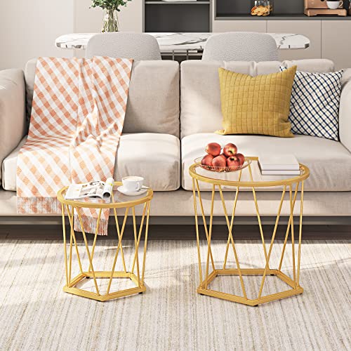 Set of 2 Modern Gold Round Coffee Tables - Living Room Side Tables