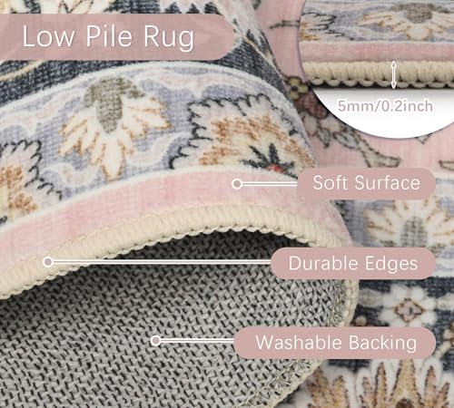 8x10 Pink Persian Style Washable Rug - Vintage Floral Living Room Carpet, Non-Slip, Soft Faux Wool