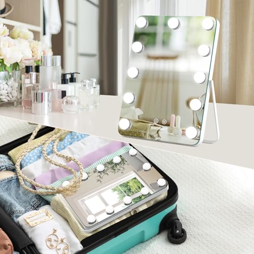 White Rechargeable Vanity Mirror with Lights, 14.6-Inch LED Makeup Mirror with Memory Function