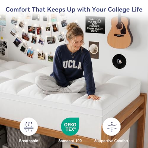 ELEMUSE Twin XL Mattress Topper White Thick Pillow Top Bed Pad for Dorm Bed