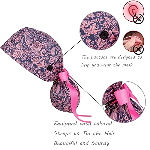 FOHEEL Women's Scrub Cap with Buttons & Ribbon Tie - Multicolor One Size Nurse Hat with Ponytail Pouch
