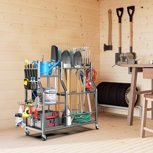 OrganizeLink 36" Large Freestanding Garden Tool Organizer with Wheels, Side Pocket
