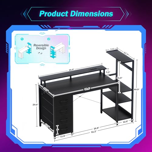 Carbon Fiber Black Gaming Desk 51 Inch with Drawers LED Lights & PC Stand