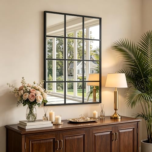 Dewfig 47x30 Inch Rectangle Wall Mirror with Black Metal Frame Windowpane Design - Variation: Windowpane-rm