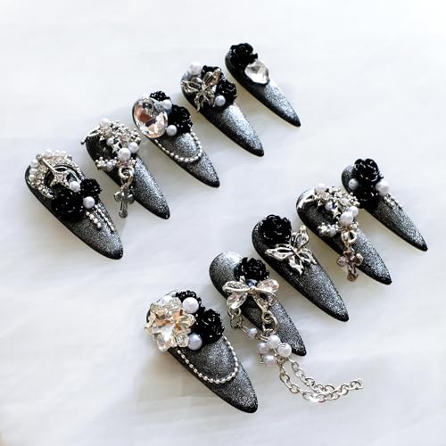 Luxury Long Stiletto Press-On Nails with Black Roses - S Black Rose Variation