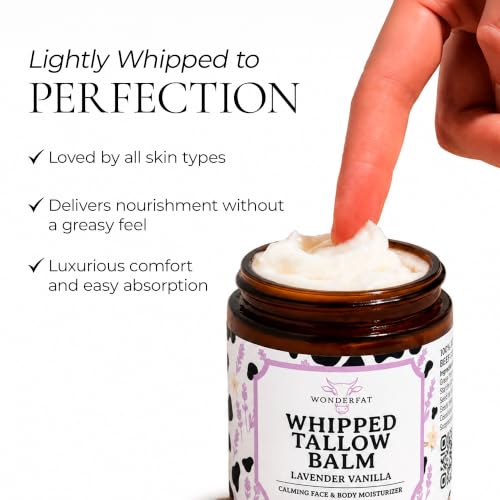 Lavender Vanilla Whipped Tallow Balm – Grass Fed Beef Face & Body Moisturizer, 3oz