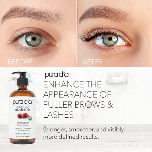 PURA D'OR 16.9 oz Organic Castor Oil (GLASS BOTTLE) Pure Cold-Pressed Hexane-Free USDA Certified ? Lashes Brows Hair Scalp Skin ? Botanical Moisturizer for Softness Strength Hydration Shine Radiance
