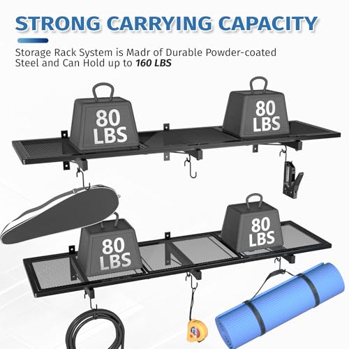 Garage Wall Shelving 46x12.5 Inches with Hooks - Heavy Duty Storage Rack - Black Metal Wall Organizer - Variation 2