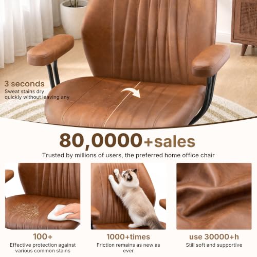 Brown Leather Office Chair - Ergonomic Executive Home Desk Chair with Removable Armrests
