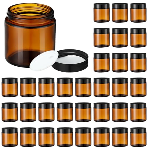 30 Pcs 2oz Amber Glass Jars with Black Leakproof Lids for Cosmetics & Candle Making - Reusable