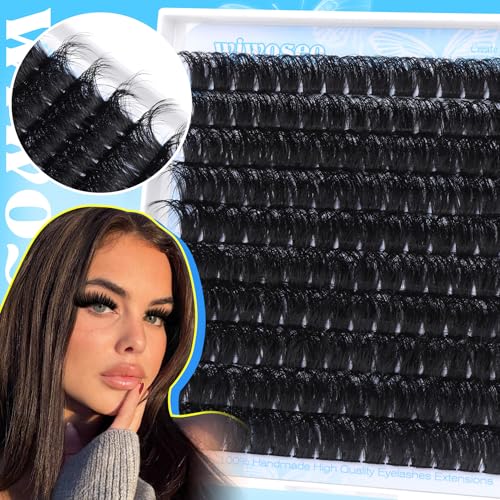 wiwoseo 200D Long Lash Clusters Lashes Clusters Thick Volume Eyelash Clusters 14-20MM Cluster Eyelash Extensions Russian Individual Lashes for Beginners DIY at Home Cluster Lashes