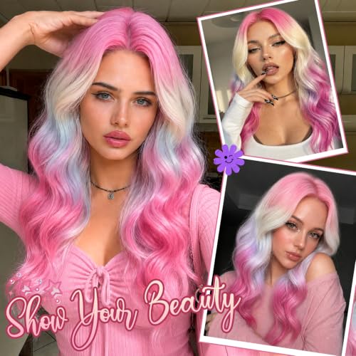 Rainbow Mix Wigs for Women - 18 Inch Wavy Synthetic Wig with Middle Part - Variation of Rainbow Mix / 18 Inch