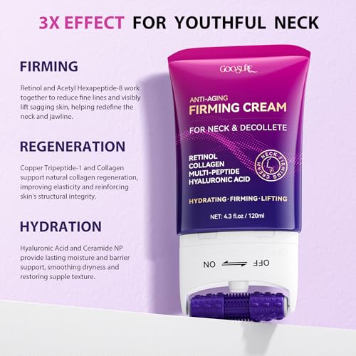 Neck Firming Cream with Roller, Tighten & Lift Neck & Chest Moisturizing Cream, Anti-Aging, Smooths Wrinkles & Crepey Skin, Visibly Firming, Multi-Peptide, Retinol, Collagen, Hyaluronic Acid 4.3 Fl Oz